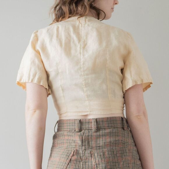 Yellow Linen Organic Crop Leisure Summer Boho Resortwear Tie Waist Women's Top - Picture 2 of 7